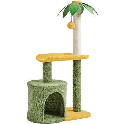 Upholstered 2-Level 37" Coconut Palm Cat Tree with Bending Perch, Gree/Yellow